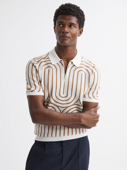 Reiss White/Taupe Maycross Half-Zip Striped Polo T-Shirt