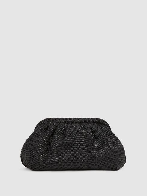 Reiss Black Gia Raffia Clutch Bag
