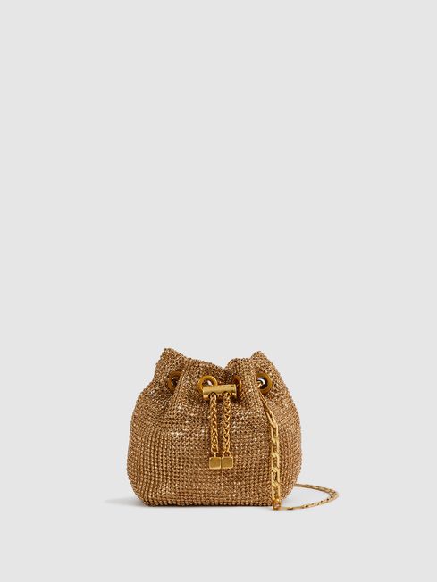 Reiss Gold Demi Crystal Mini Bucket Bag