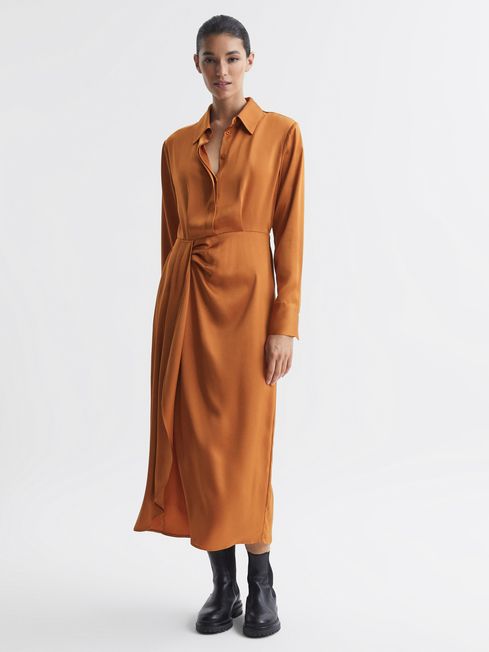 Reiss Rust Arabella Satin Shirt-Style Midi Dress