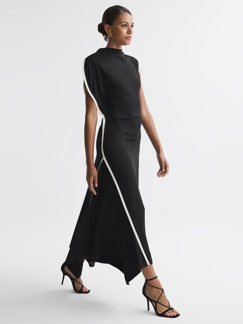 Reiss Black/White Klein Asymmetric Contrast Trim Midi Dress