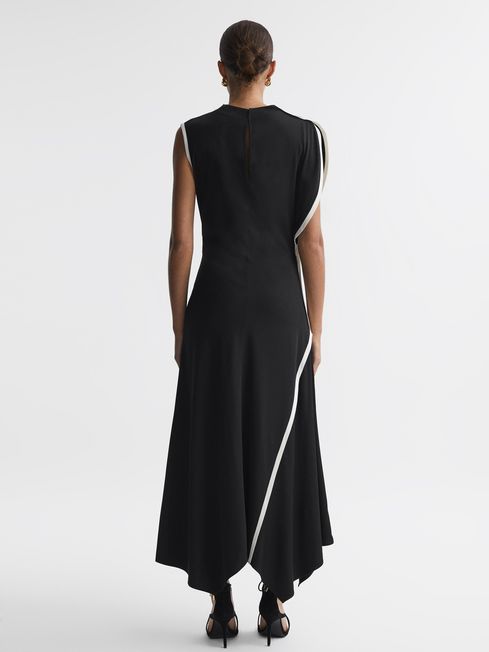 Reiss Black/White Klein Asymmetric Contrast Trim Midi Dress