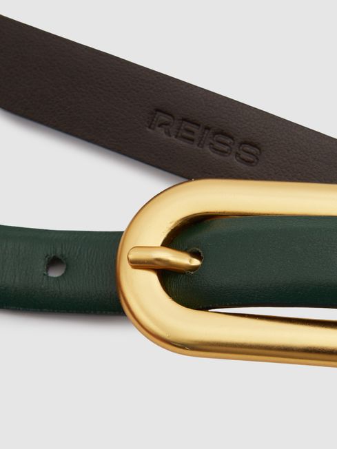 Reiss Green Chaya Thin Leather Elongated Buckle Belt