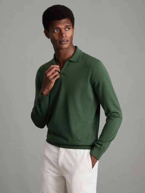 Reiss Hunting Green Milburn Merino Wool Open Collar Polo Shirt