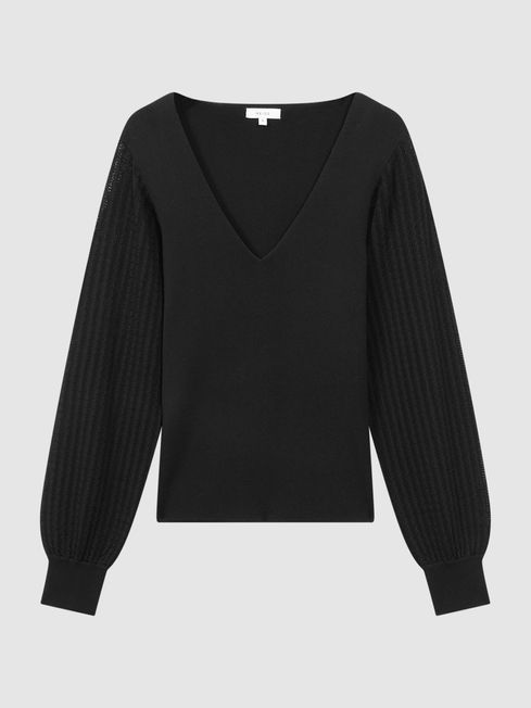 Reiss Lexi Knitted Sleeve V-Neck Top | REISS USA
