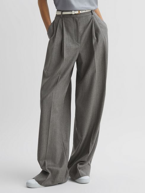 Reiss Grey Otis Wool Blend Pinstripe Wide Leg Trousers