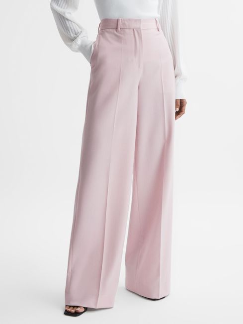 Reiss Pink Evelyn Wool Blend Mid Rise Wide Leg Trousers