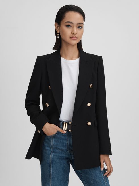 Reiss Black Lara Tailored Textured Wool Blend Double Breasted Blazer