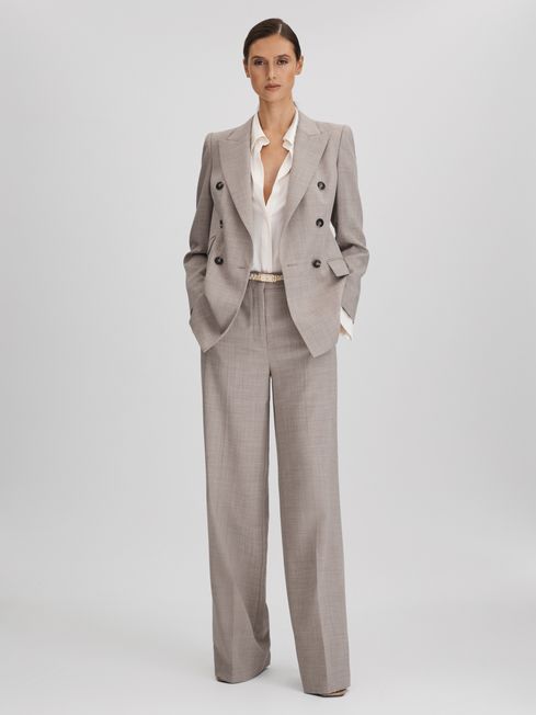 Reiss Oatmeal Hazel Tailored Wool Blend Double Breasted Suit Blazer