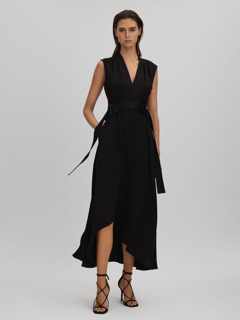 Reiss Black Raya Strappy Asymmetric Midi Dress