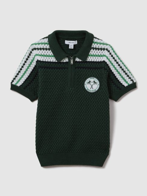 Reiss Dark Green Stark Textured Cotton Half Zip Polo Shirt