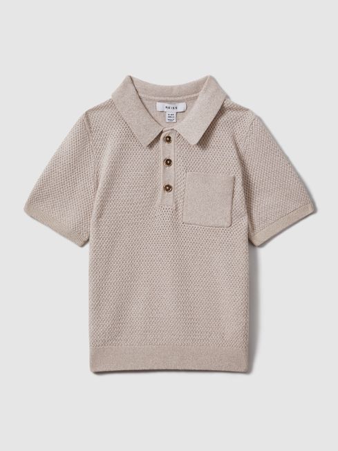 Reiss Oatmeal Melange Demetri Teen Textured Cotton Polo Shirt