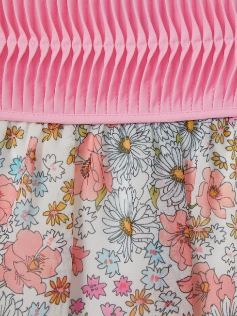 Reiss Pink Print Leela Teen Floral Print Tiered Dress