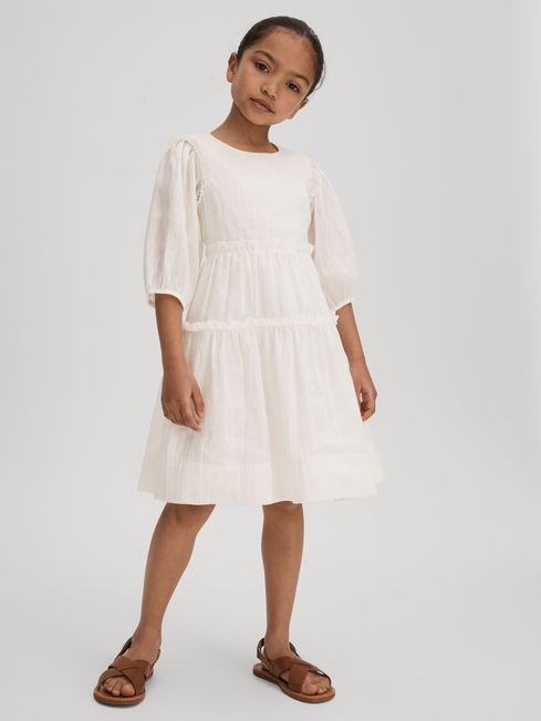 Reiss Ivory Tash Junior Tiered Linen Blend Puff Sleeve Dress