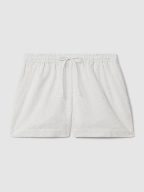 Cotton Embroidered Drawstring Shorts in White