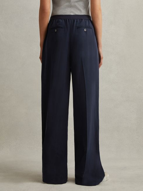 Navy linen wide leg trousers shop