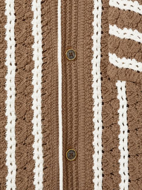 Reiss Camel/White Spritz Oversized Crochet Striped Cuban Collar Shirt