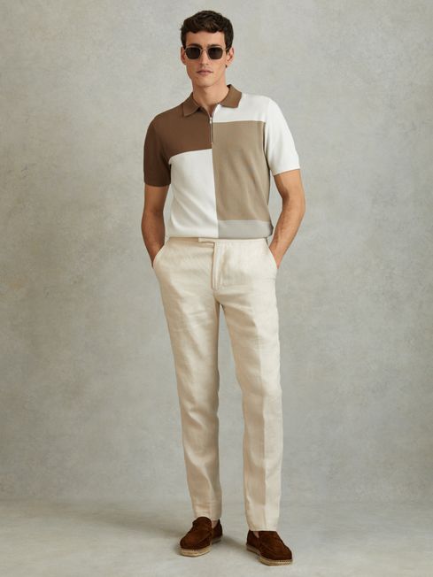 Reiss Camel Multi Delta Colourblock Half-Zip Polo Shirt