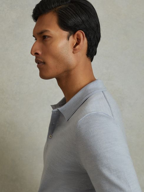 Reiss Soft Blue Melange Manor Merino Wool Polo Shirt