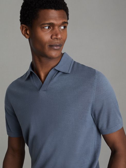 Reiss Airforce Blue Duchie Merino Wool Open Collar Polo Shirt