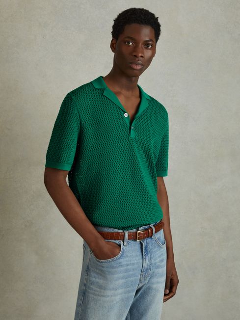 Reiss Bright Green Fargo Knitted Cuban Collar Polo Shirt