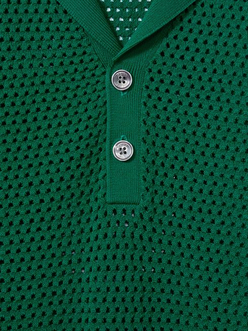 Reiss Bright Green Fargo Knitted Cuban Collar Polo Shirt