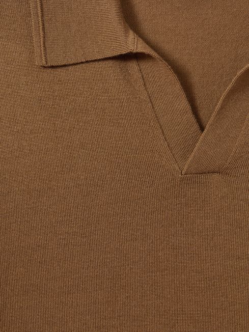 Reiss Tobacco Brown Duchie Merino Wool Open Collar Polo Shirt