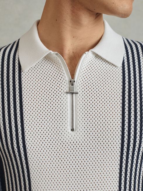 Reiss Blue/White Berlin Open-Stitch Half-Zip Polo Shirt