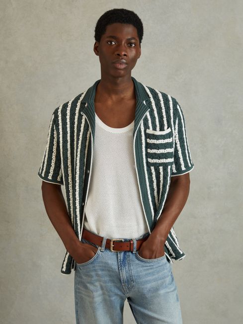 Reiss Green/White Spritz Oversized Crochet Striped Cuban Collar Shirt