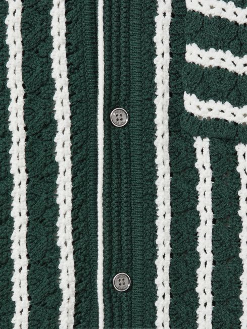 Reiss Green/White Spritz Oversized Crochet Striped Cuban Collar Shirt