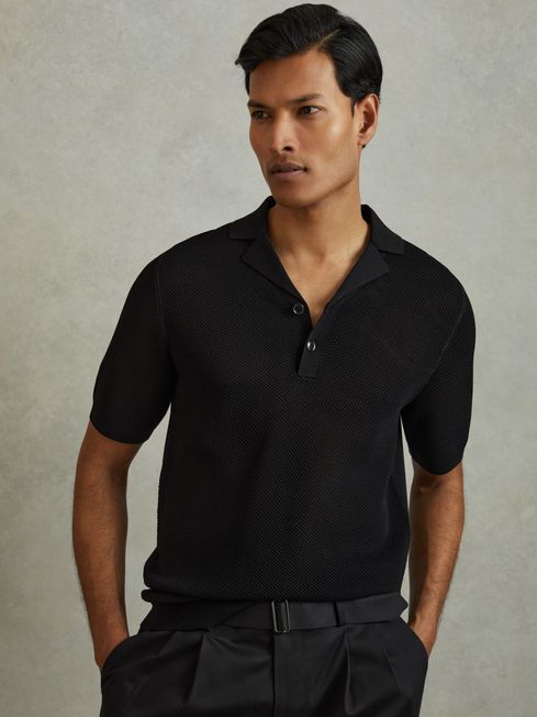 Reiss Black Charlie Open-Stitch Cuban-Collar Polo Shirt