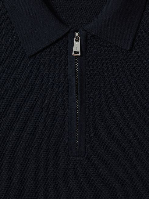 Reiss Navy Ivor Textured Half-Zip Polo Shirt