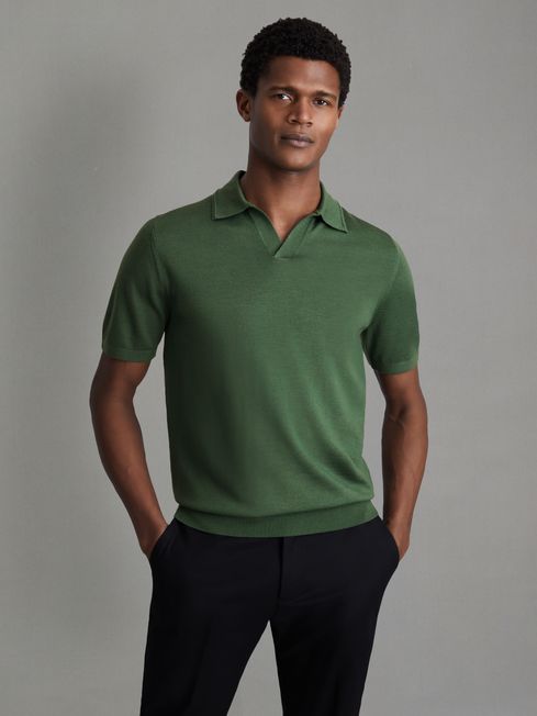 Reiss Lizard Green Duchie Merino Wool Open Collar Polo Shirt
