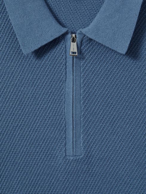 Reiss Blue Ivor Textured Half-Zip Polo Shirt