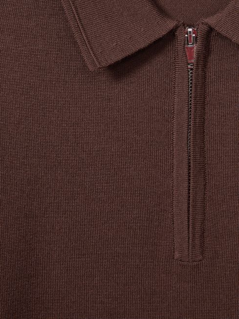 Reiss Treacle Brown Maxwell Merino Wool Half-Zip Polo Shirt