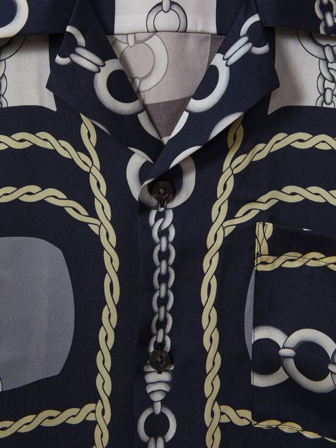 Reiss Navy Jenson Chain Print Cuban Collar Shirt
