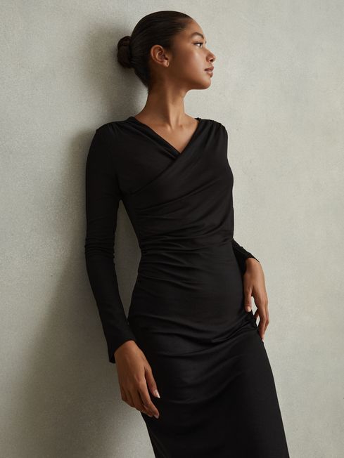 Reiss Black Dionne Jersey Wrap Front Midi Dress