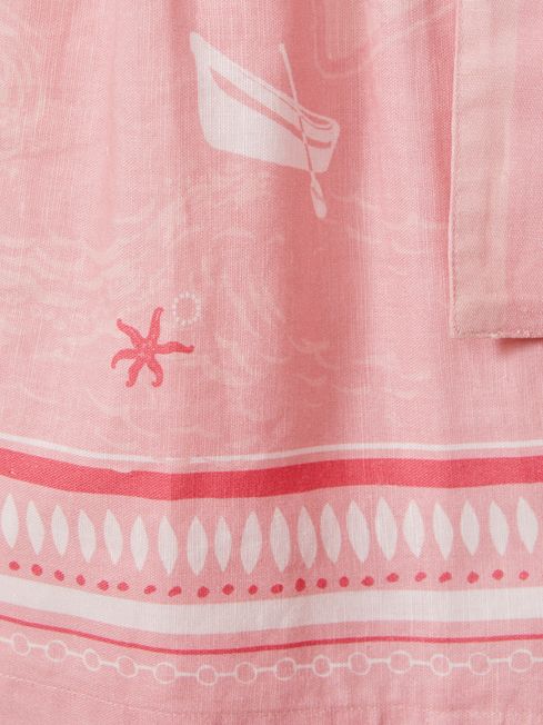 Reiss Pink Print Eliza Senior Cotton Linen Capped Sleeve Belted Dress