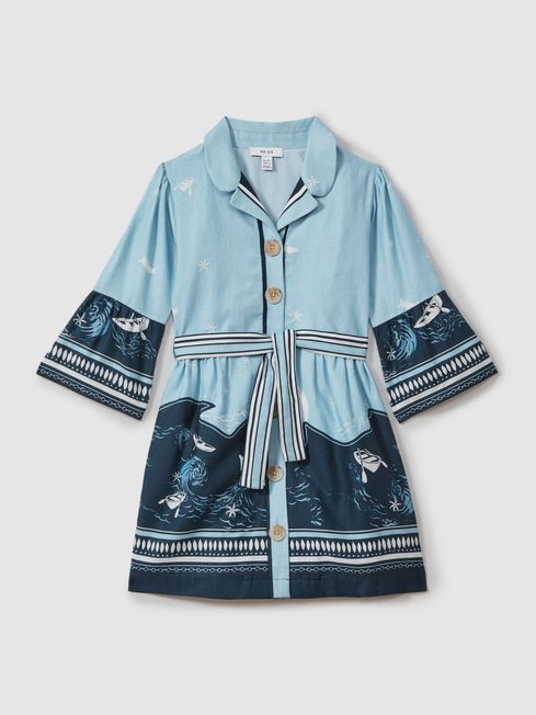 Reiss Blue Print Hettie 4 9 yrs Cotton Linen Flared Sleeve Dress