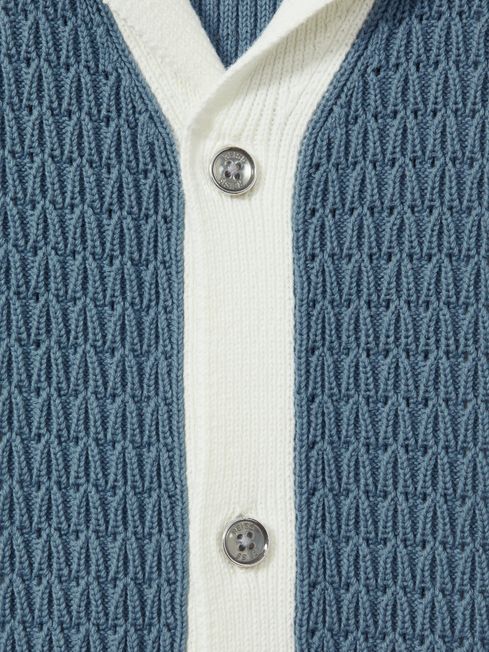 Reiss Blue/White Nicoli Crochet Striped Cuban Collar Shirt