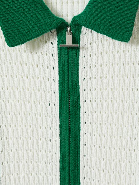 Reiss White/Bright Green Painter Crochet Zip-Front Shirt