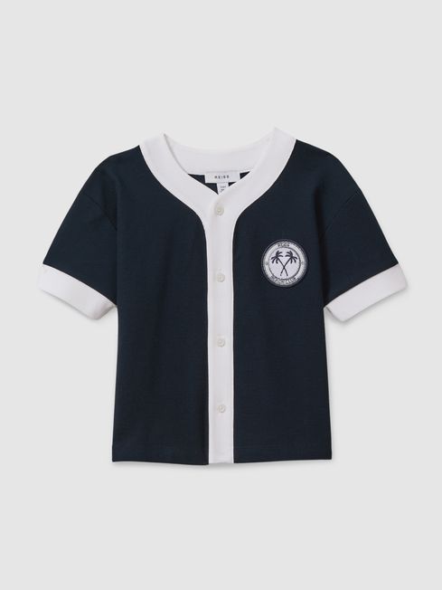 Reiss Navy/White Ark Teen Textured Cotton Baseball Shirt