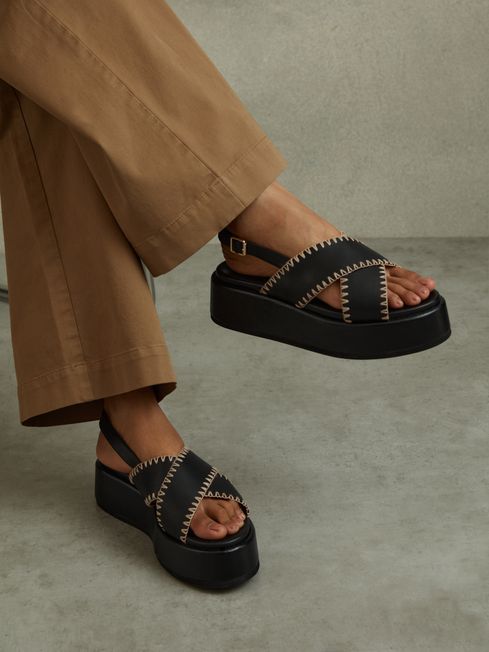 Reiss Melissa Leather Raffia Stitch Platform Sandals REISS Rest of Europe