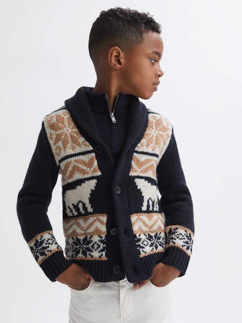 Reiss Navy Multi Birch Junior Knitted Fair isle Button-Through Cardigan