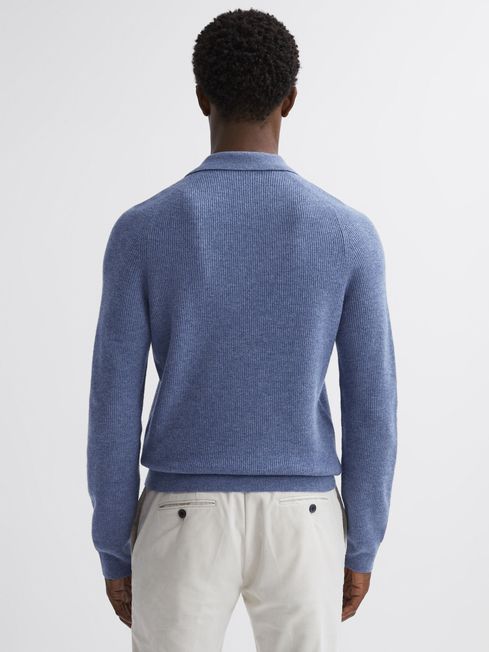 Reiss Blue Melange Holms Wool Long Sleeve Polo Shirt