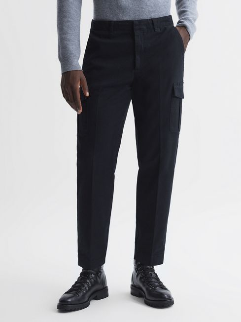 Reiss Steel Blue Thunder Tapered Brushed Cotton Cargo Trousers