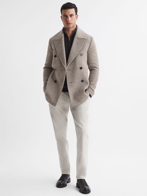 Reiss Oatmeal Albert Wool Dogtooth Double Breasted Coat