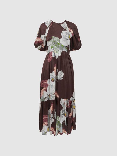 Florere Linen Silk Puff Sleeve Midi Dress in Chocolate