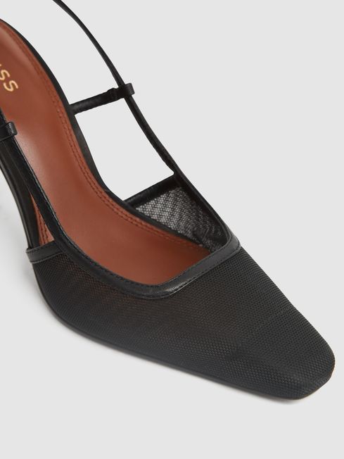 Reiss Black Giselle Leather Mesh Slingback Heels