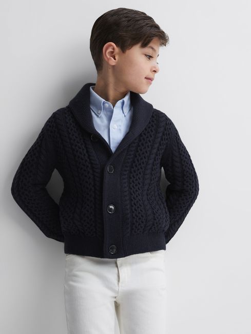 Reiss Navy Ashbury Junior Cable Knitted Cardigan